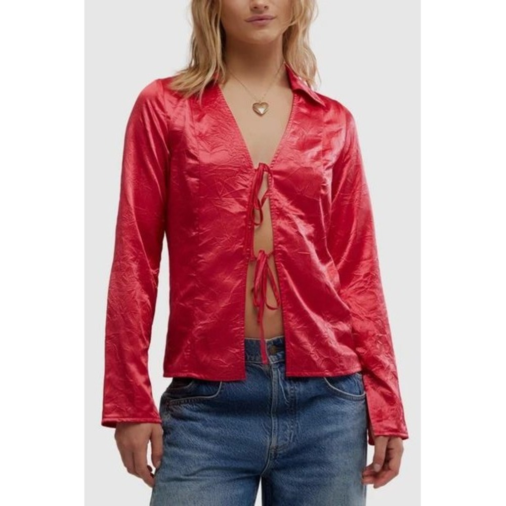 Free People Women Star Eyes Top Retro Red Crinkled Satin Tie Front Blouse Size M